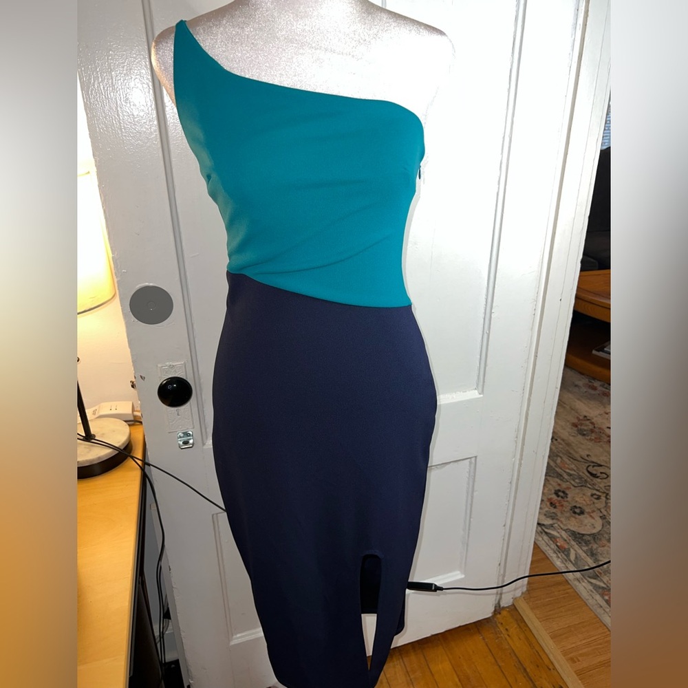 Elegant One-Shoulder Teal and Navy Dress